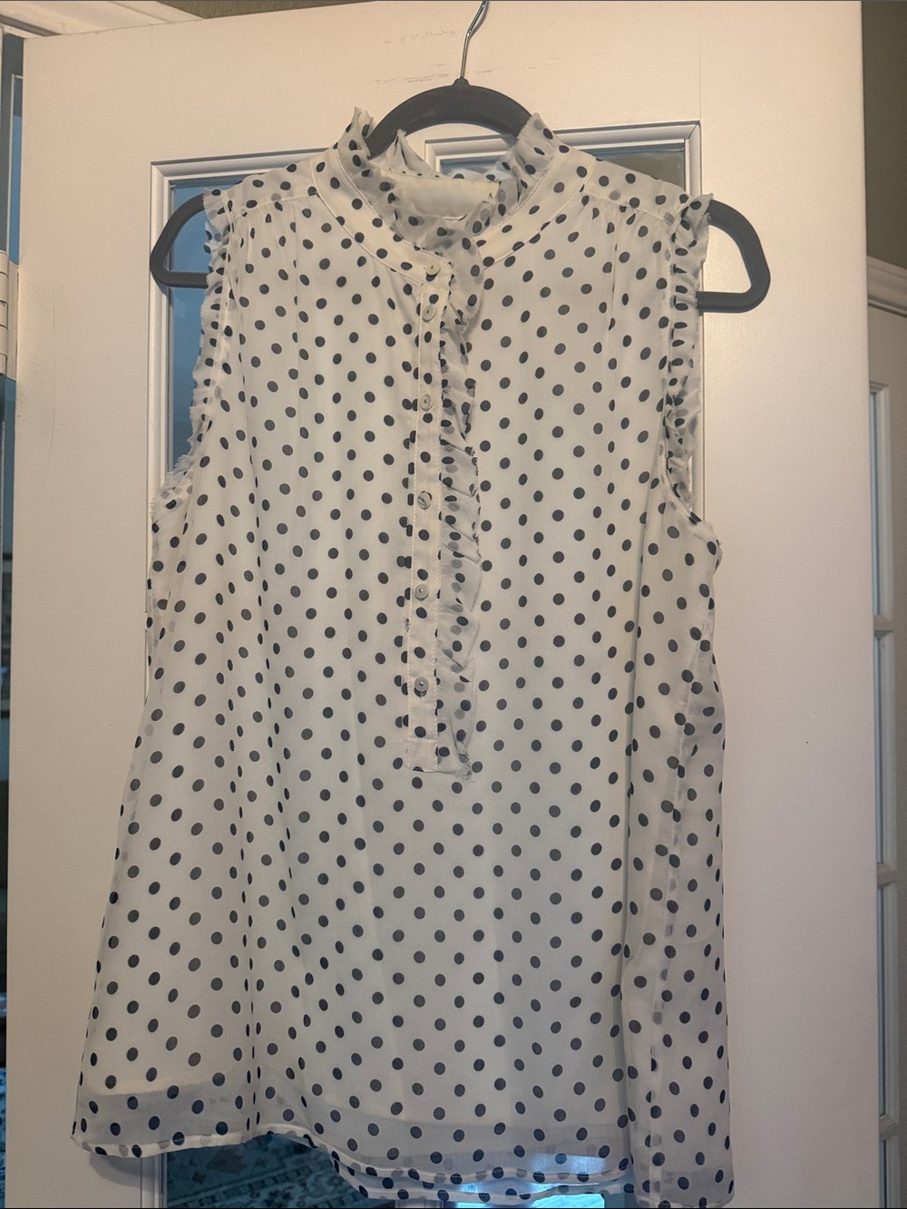 Sleeveless White Polka Dot Ruffle Front Top